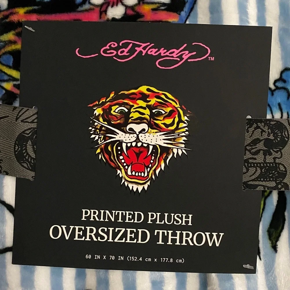 Ed Hardy Light Blue & White Striped Floral Tiger Plush Throw